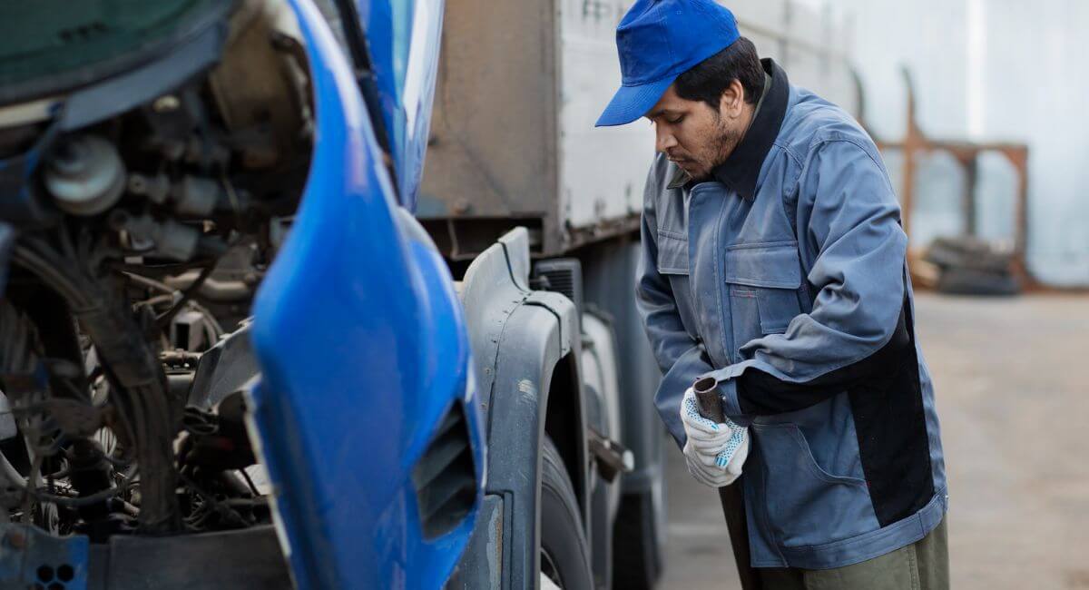 conductor revisando caja de cambios de camión