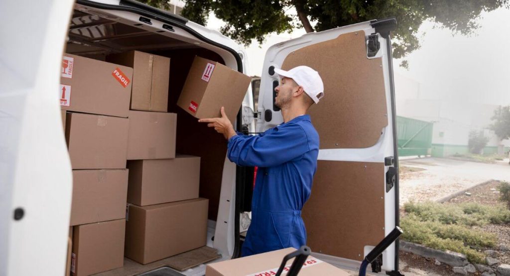 hombre apilando cajas dentro de un vehículo de carga